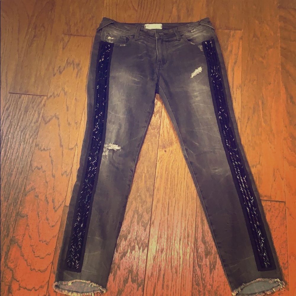 Sequined stripe black distressed jean